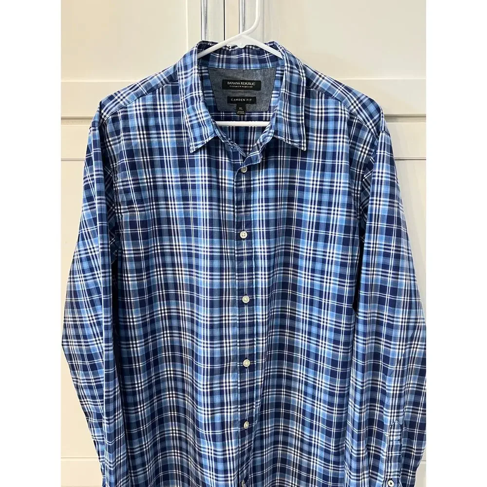 BANANA REPUBLIC Men's Button Down CAMDEN Dress Shirt XL Long Sleeve Plaid Blue